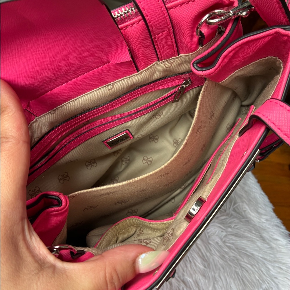 GUESS Pink Saffiano Leather Satchel with Heart Charm - Picture 9 of 14
